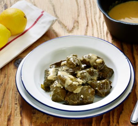 Greek meatballs in vine leaves with egg and lemon sauce - Giouvarlakia