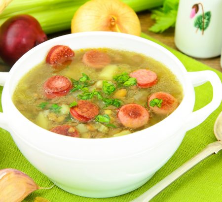 Lentils, vegetables and sausage soup